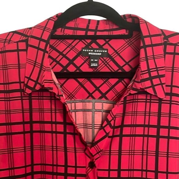 Susan Graver red plaid button up tunic with two on seam pockets size XL Petite - Picture 2 of 12